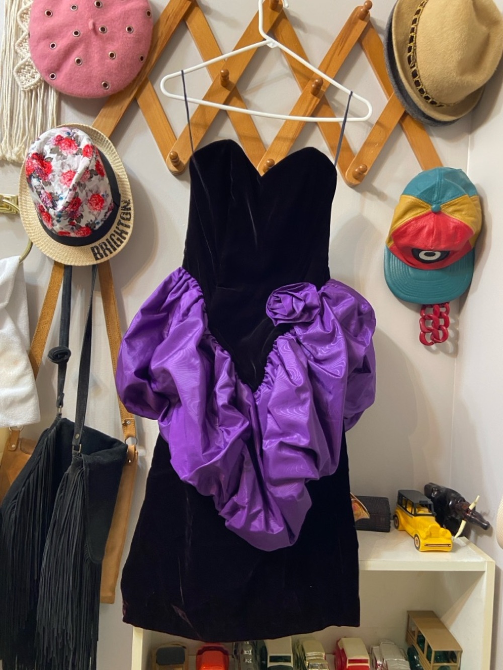 Vintage Black Velvet Strapless Mini Dress with Purple Satin Puff Detail